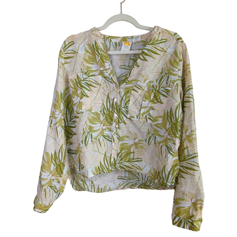 C&C California Linen Top Womens M Green Palm Tree Print Roll‎ Tab Sleeves
